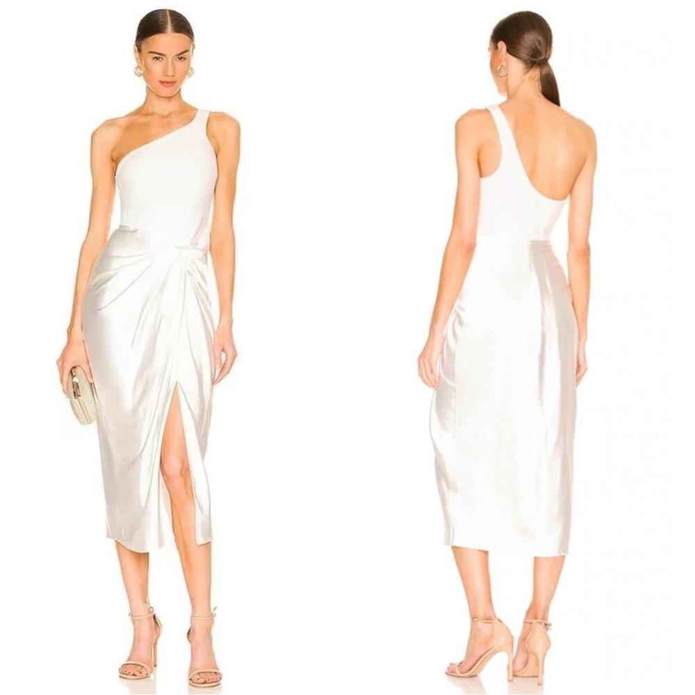 SOLACE LONDON Ava One Shoulder Ruched Draped White Midi Dress Size 2